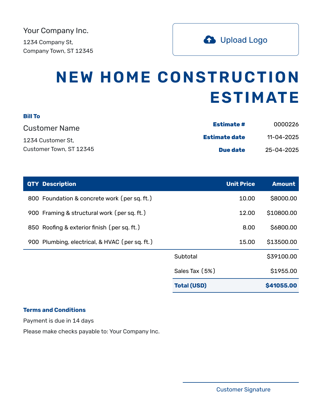 Sample New Home Construction Estimate Template