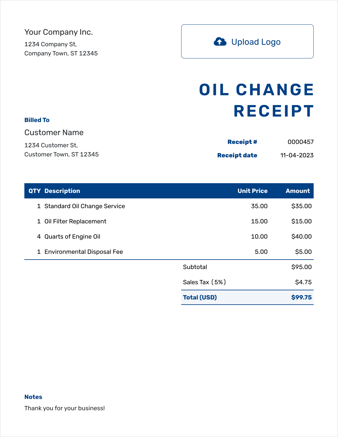 Sample Oil Change Receipt Template