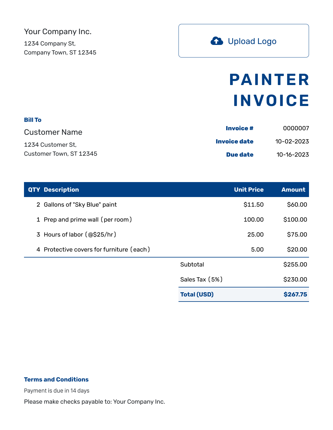 Sample Painter Invoice Template