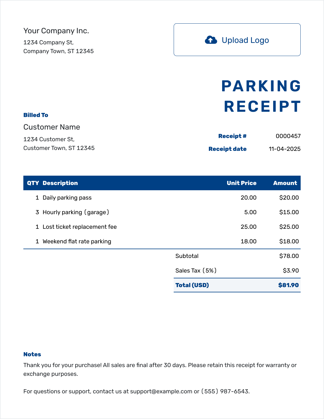 Sample Parking Receipt Template