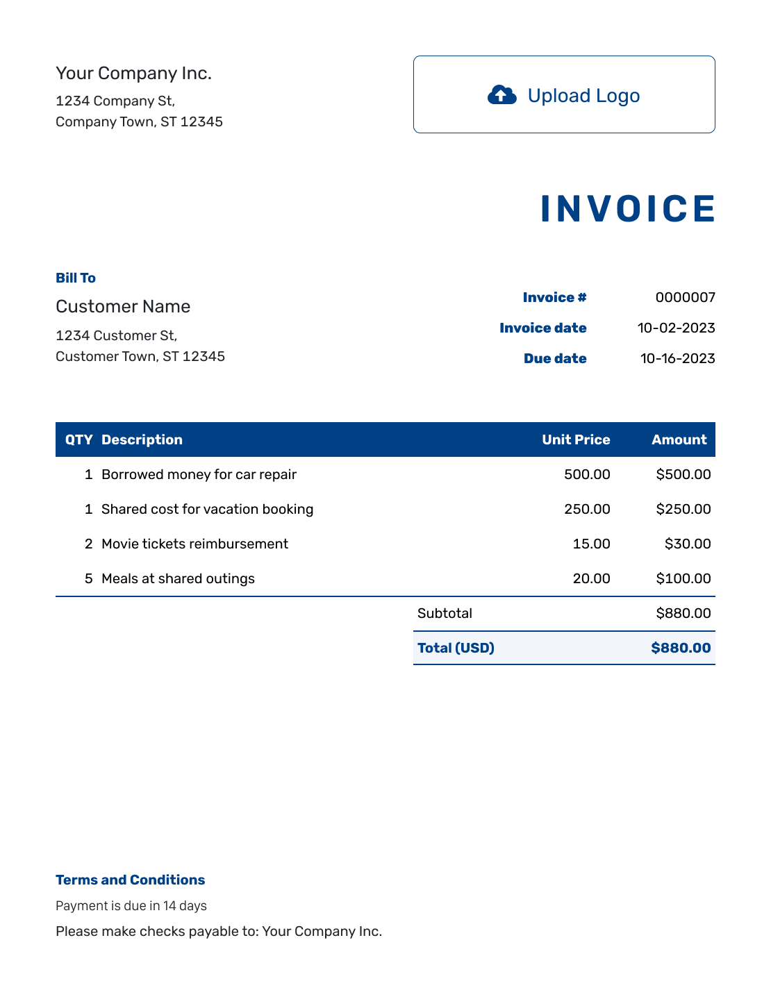 Sample Personal Invoice Template