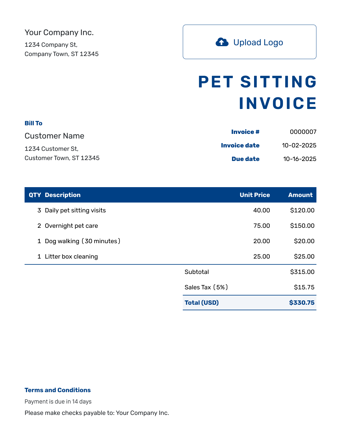 Sample Pet Sitting Invoice Template