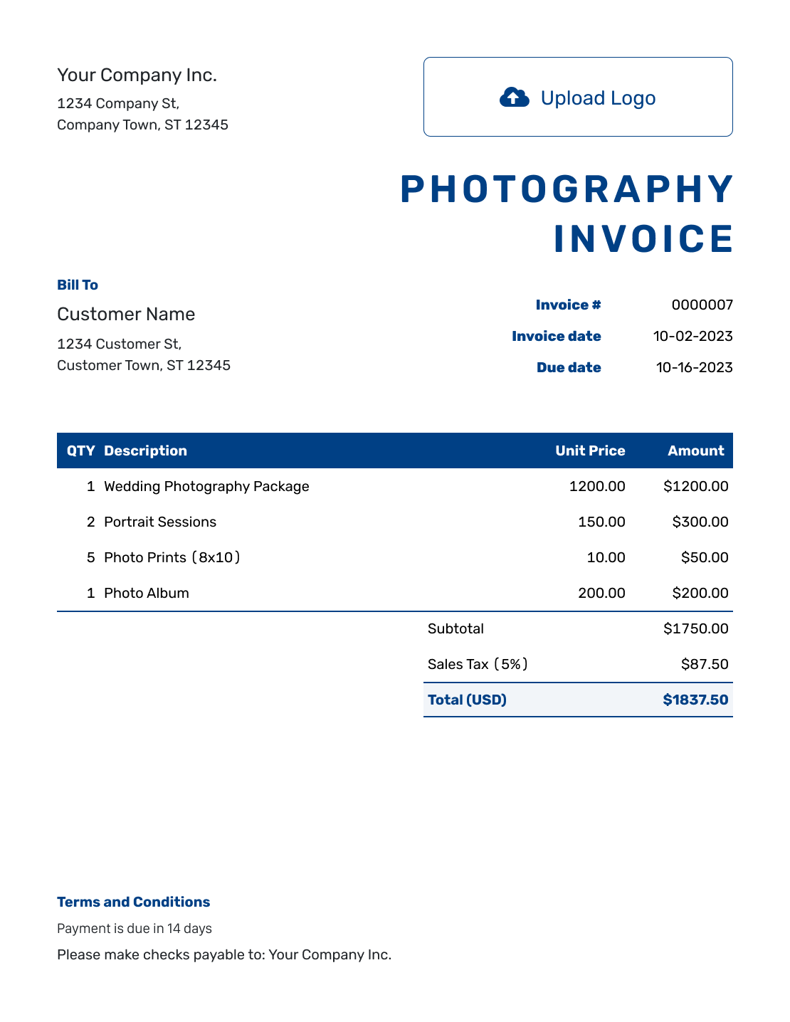 Sample Photography Invoice Template