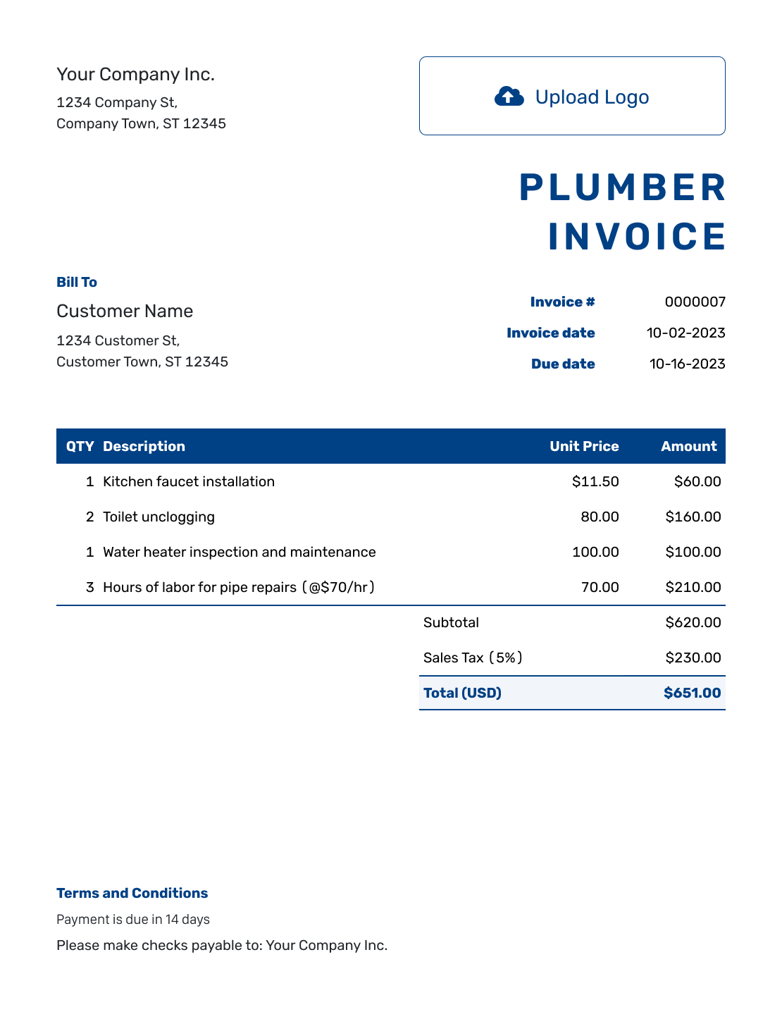 Sample Plumber Invoice Template