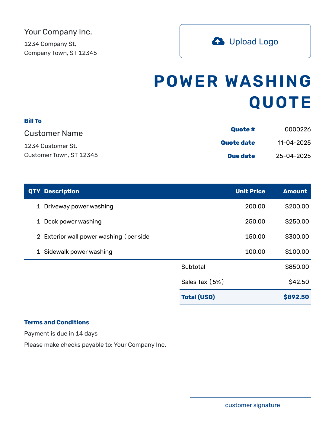 Sample Power Washing Quote Template