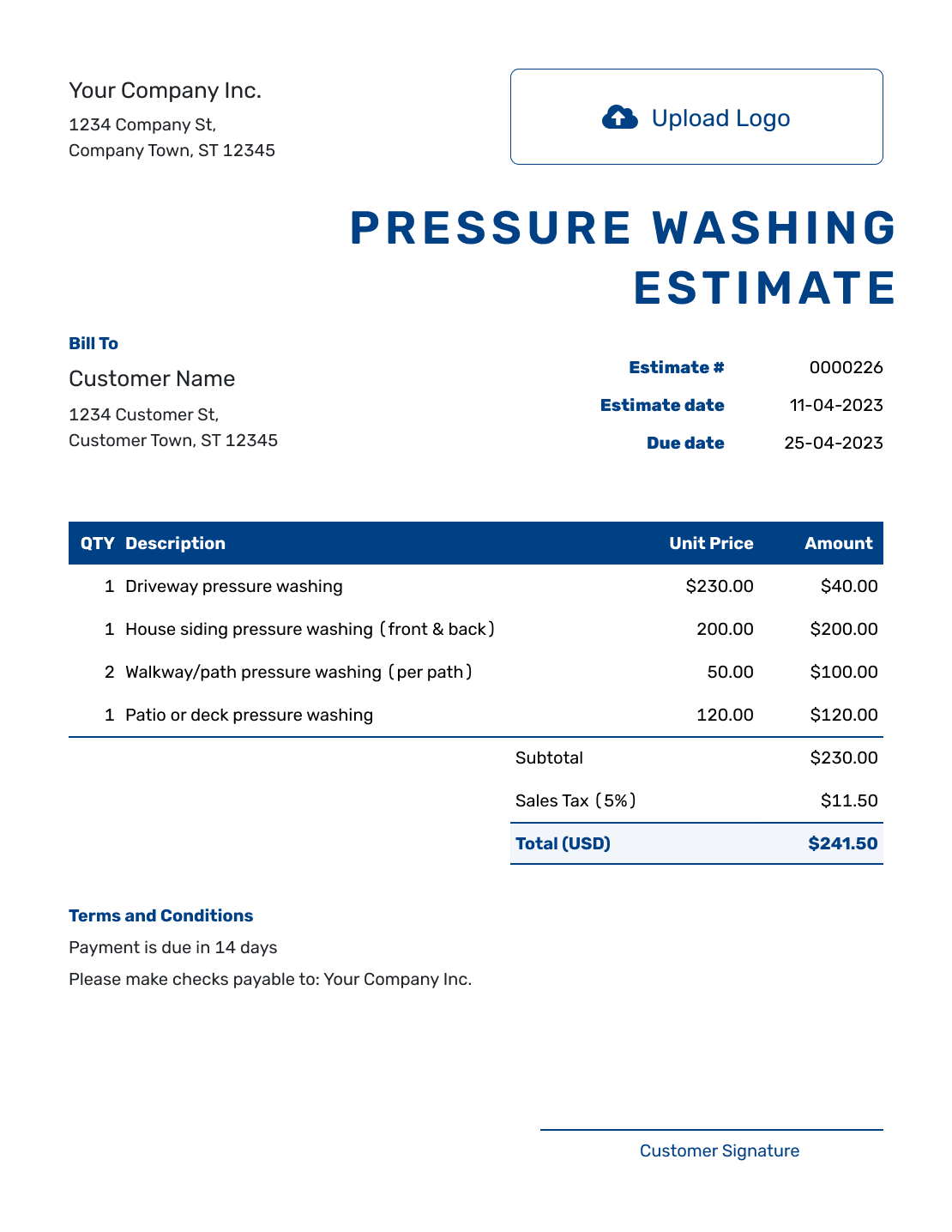 Sample Pressure Washing Estimate Template