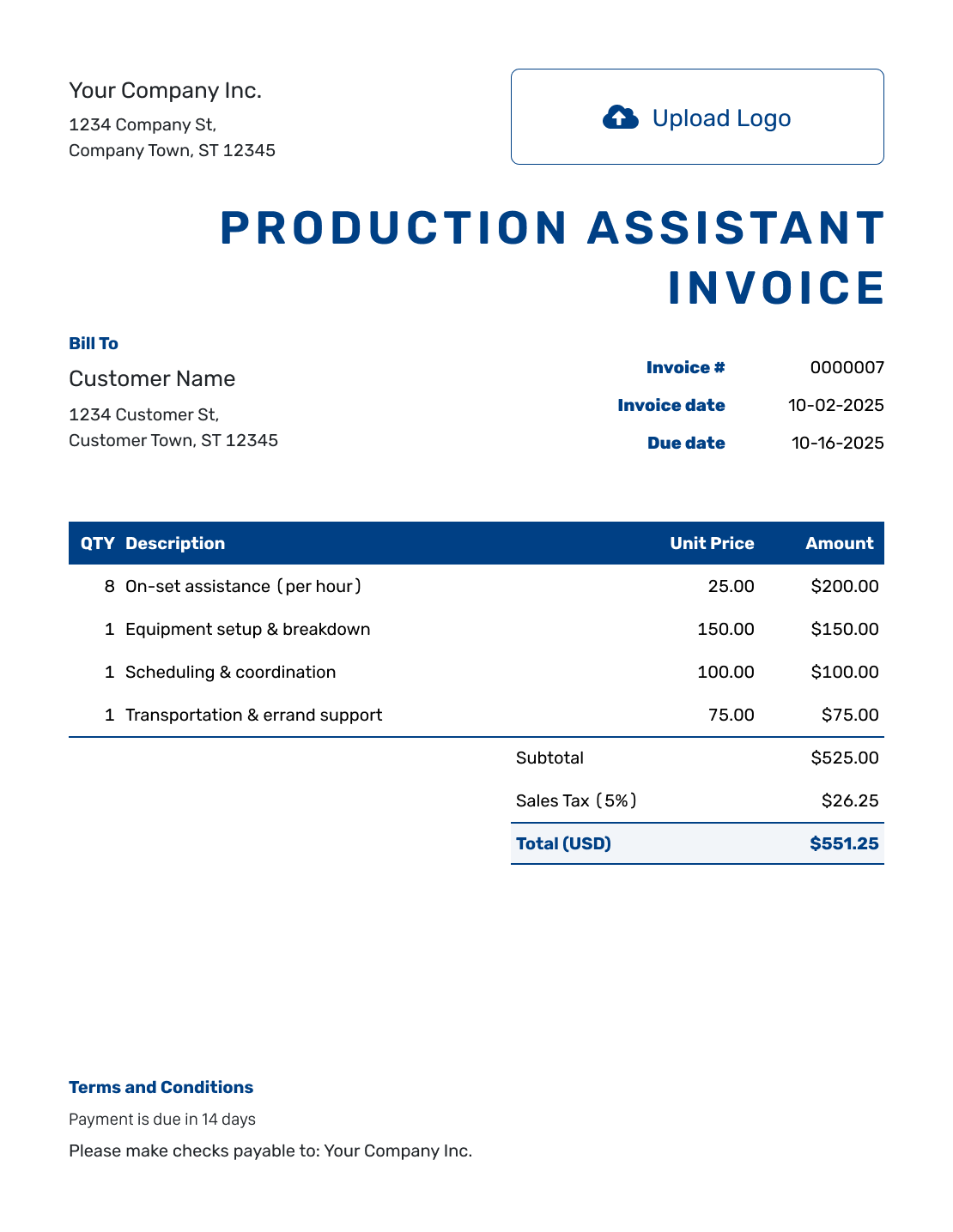 Sample Production Assistant Invoice Template