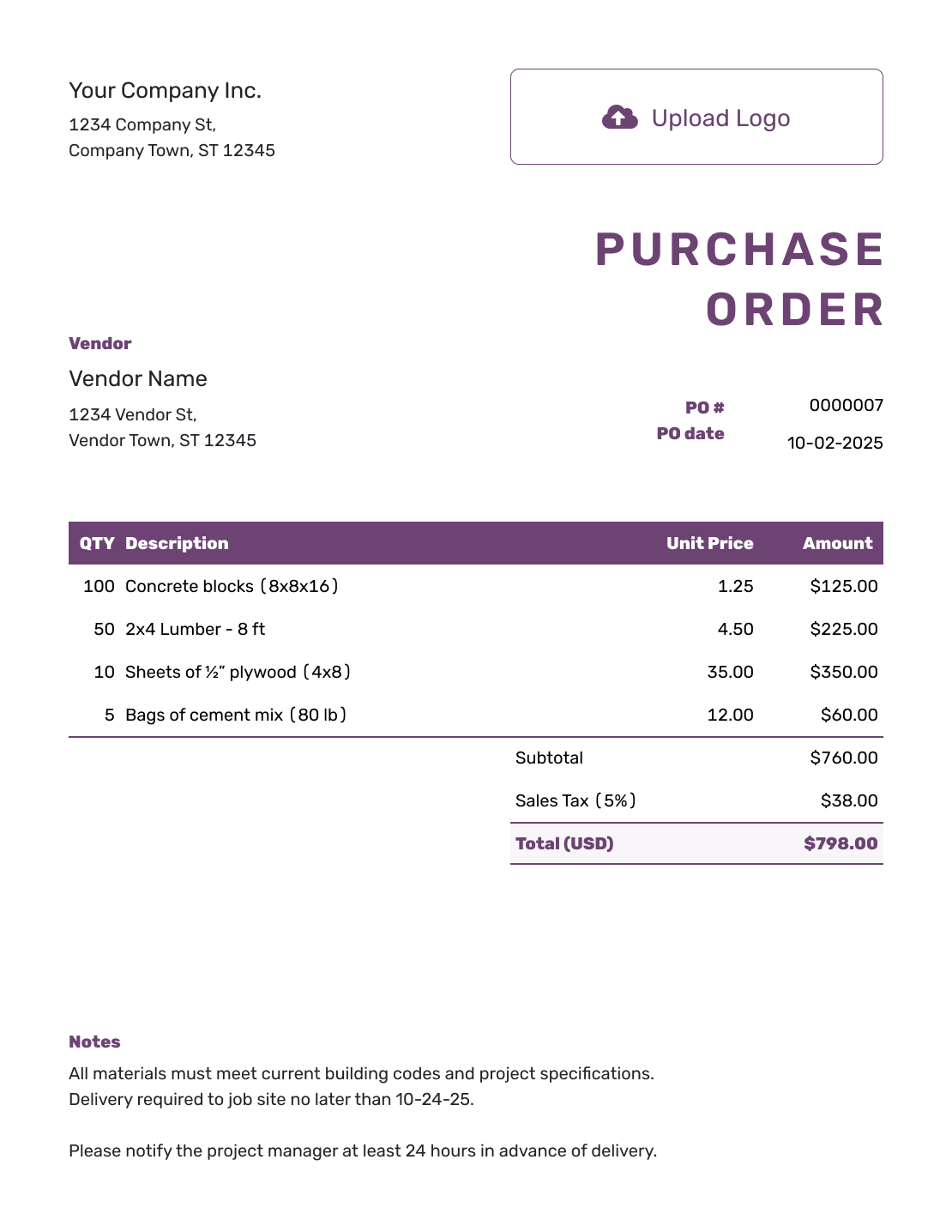 Sample Purchase Order Template