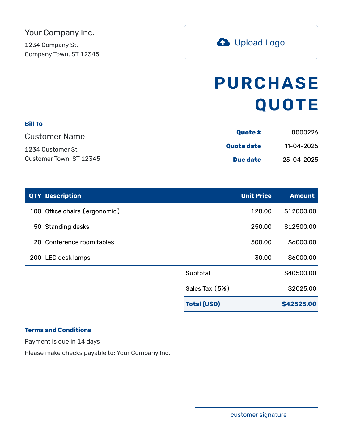 Sample Purchase Quote Template