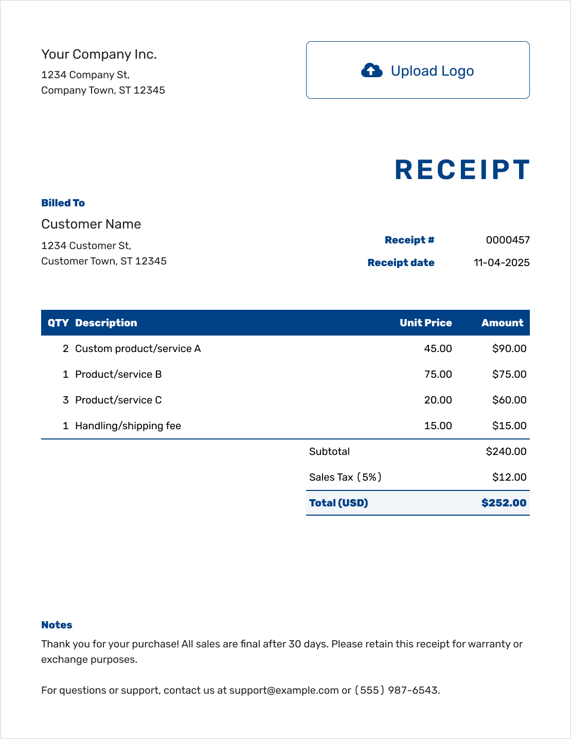 Sample Work Receipt Template