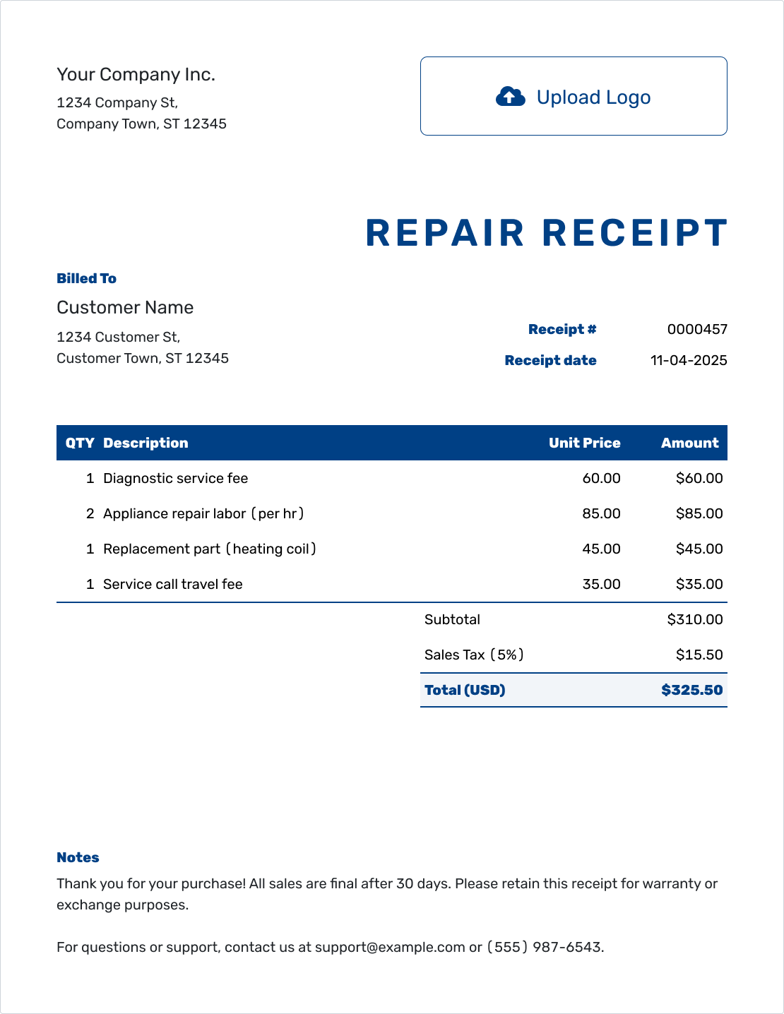 Sample Repair Receipt Template