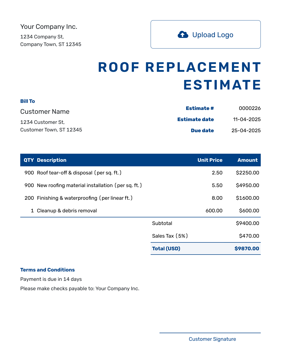 Sample Roof Replacement Estimate Template