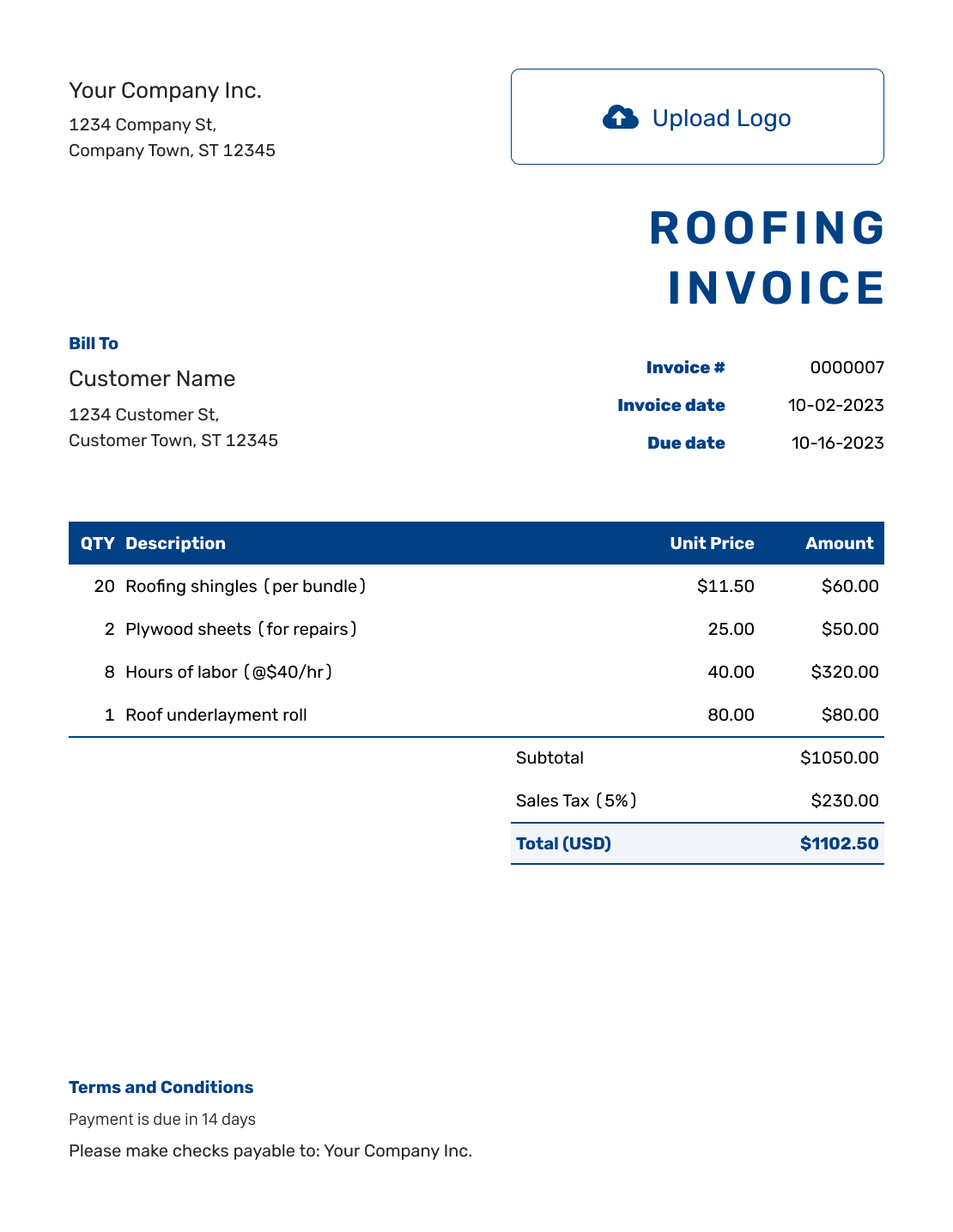 Sample Roofing Invoice Template
