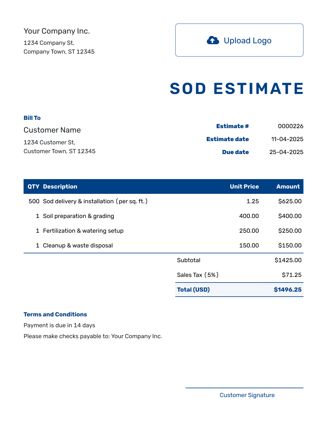 Sample Sod Estimate Template