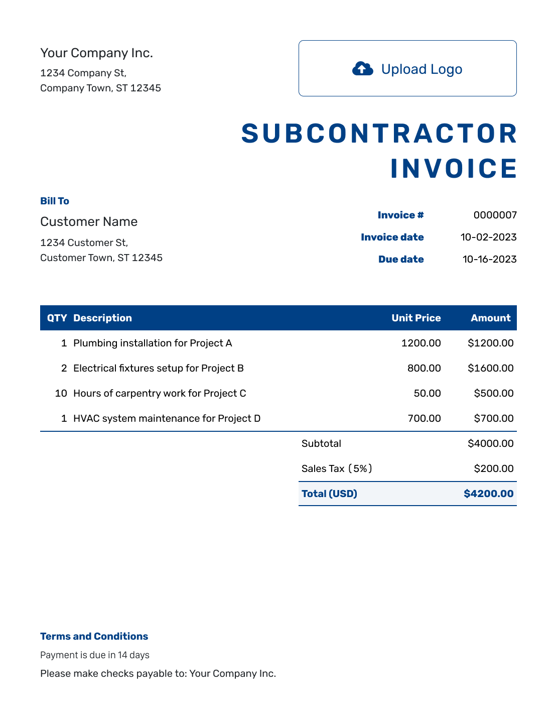 Sample Subcontractor Invoice Template