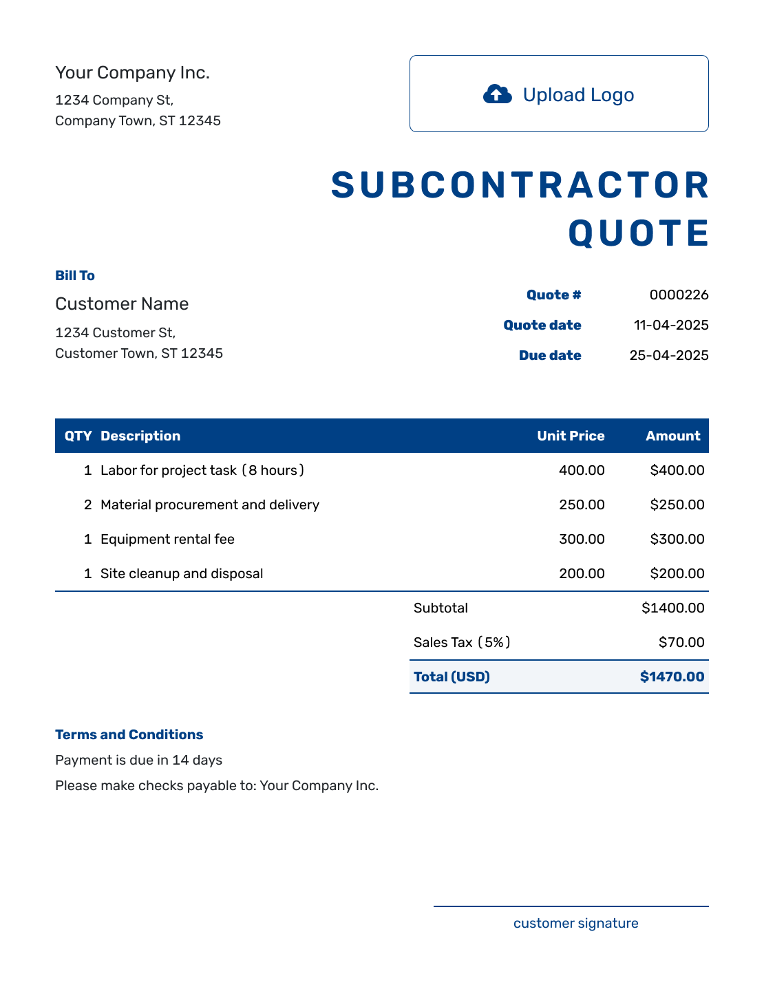 Sample Subcontractor Quote Template