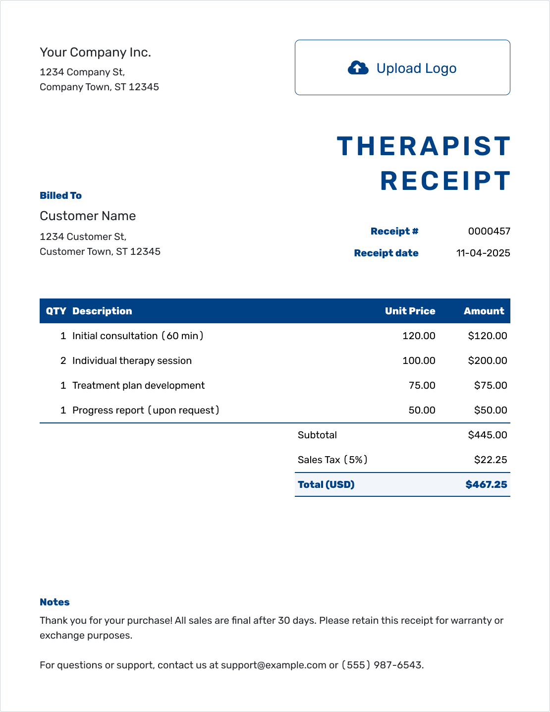 Sample Therapist Receipt Template