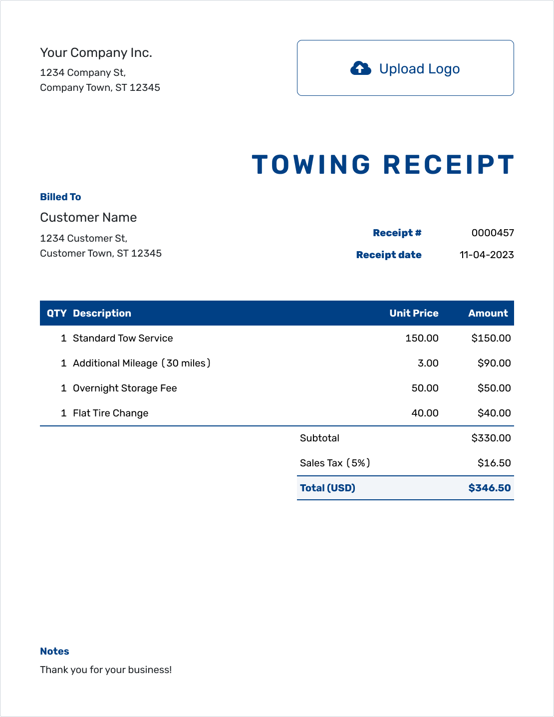 Sample Towing Receipt Template
