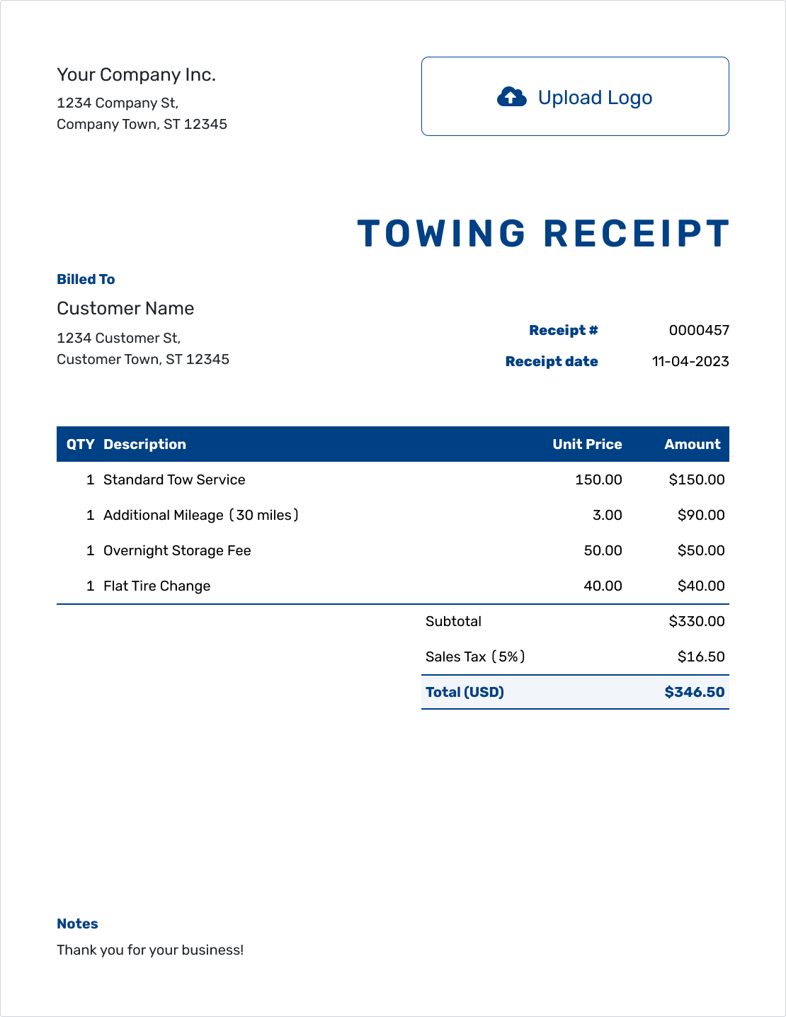 Free Towing Receipt Template | docelf.com