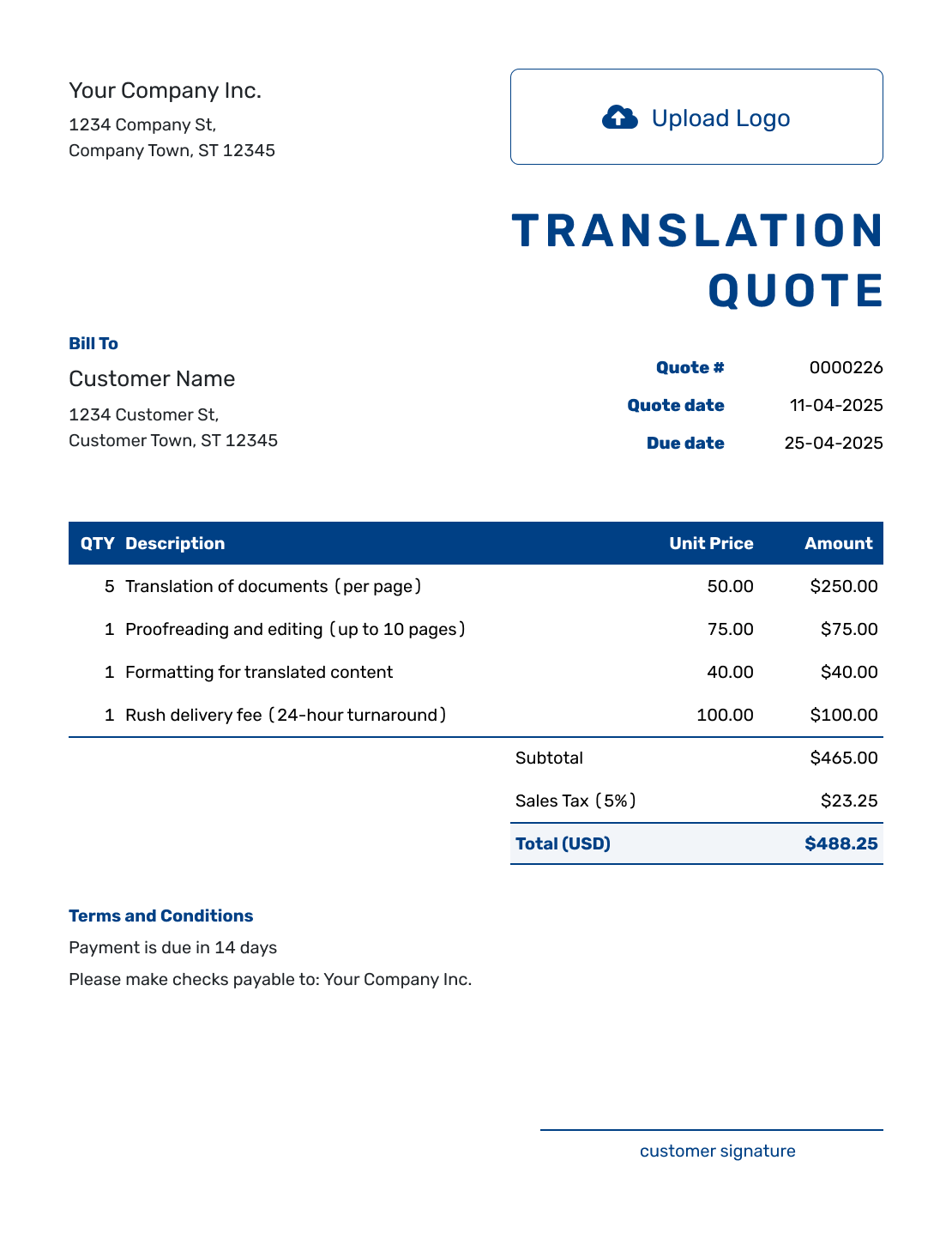 Sample Translation Quote Template