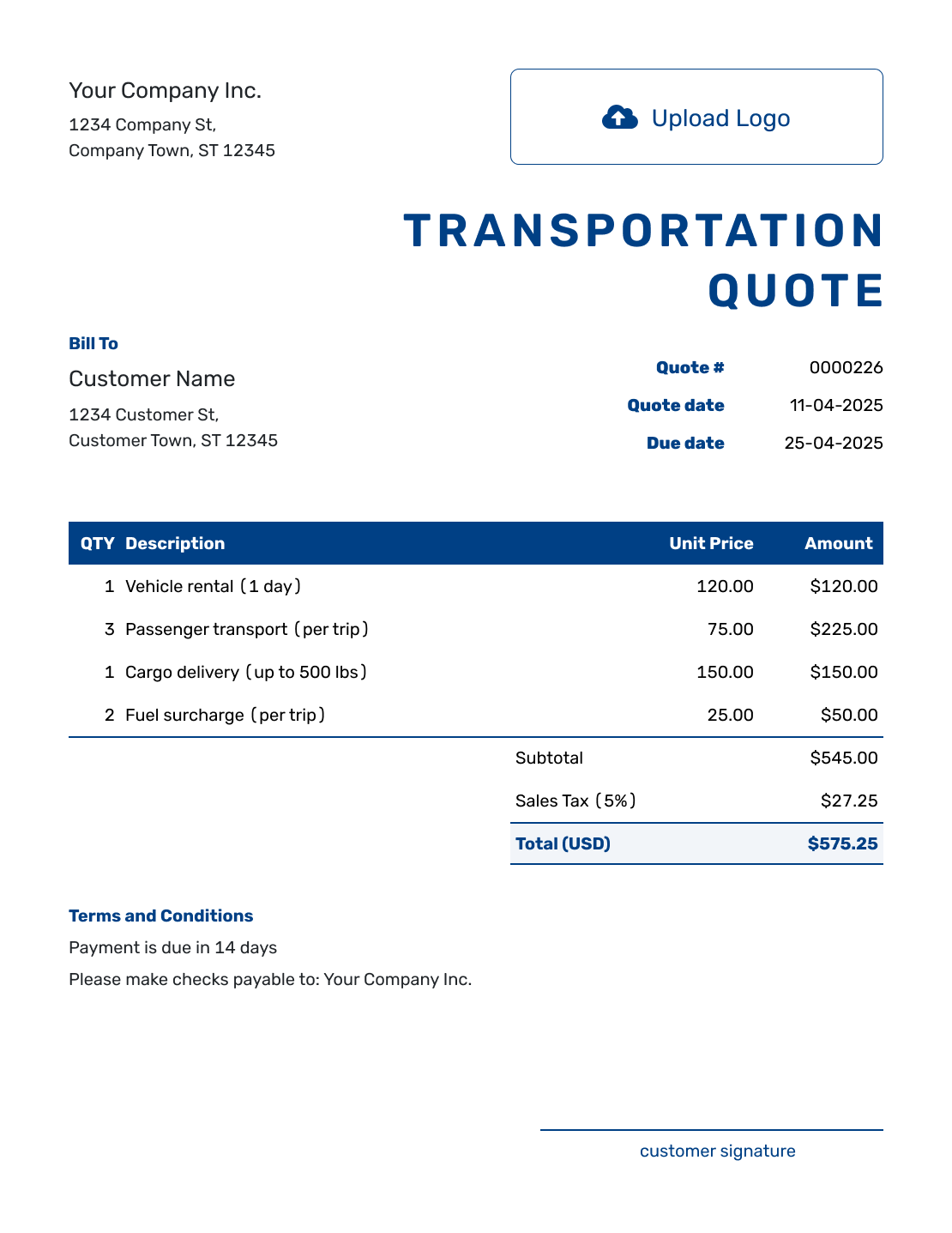 Sample Transportation Quote Template