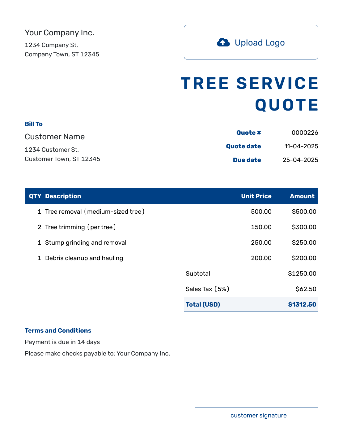 Sample Tree Service Quote Template