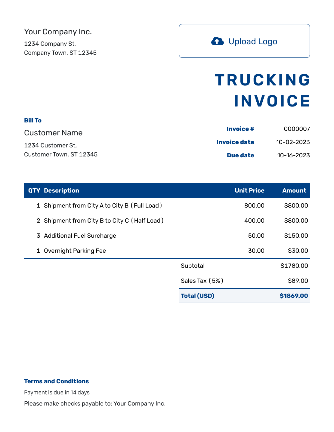 Sample Trucking Invoice Template