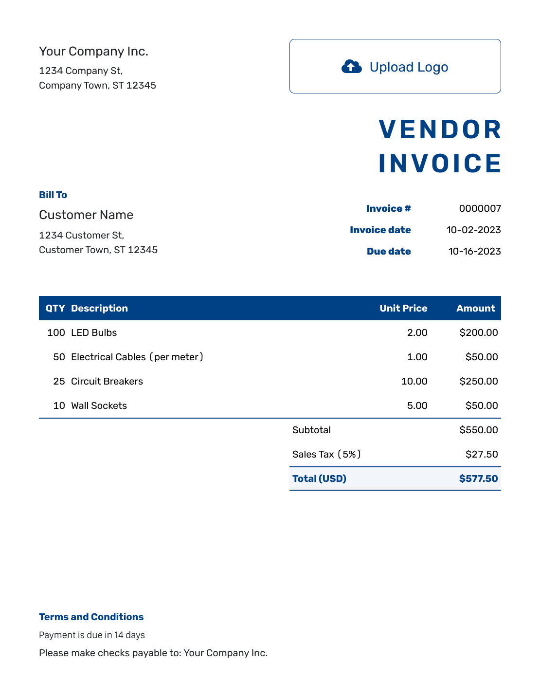 Sample Vendor Invoice Template
