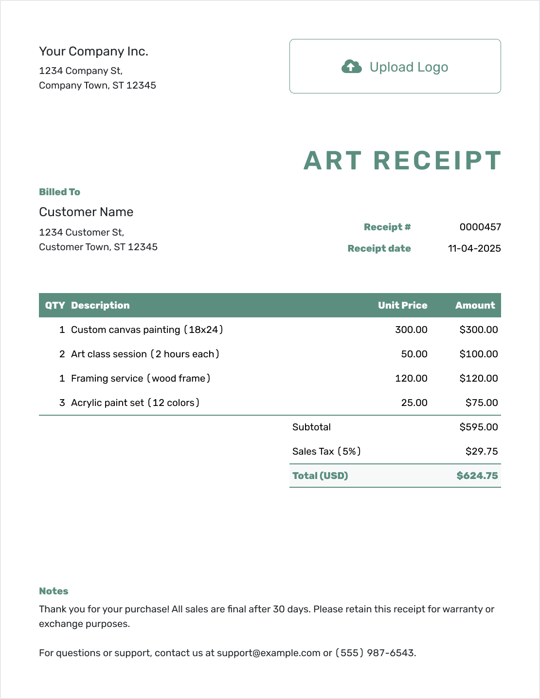 Simple Art Sale Receipt Template