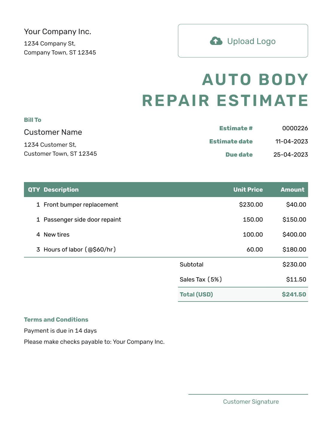 Simple Auto Body Repair Estimate Template