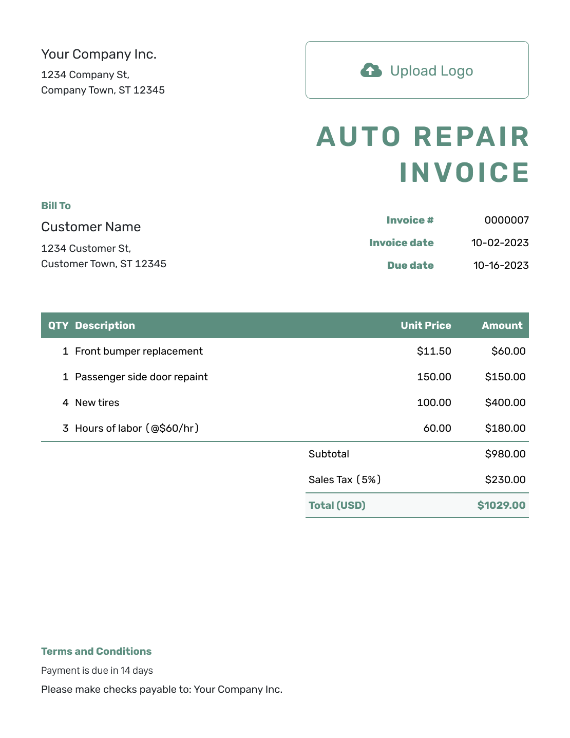 Simple Auto Repair Invoice Template