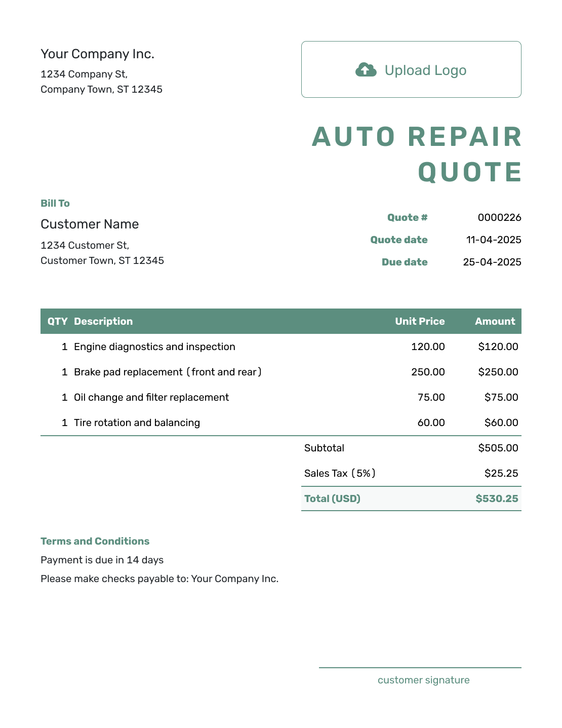 Simple Auto Repair Quote Template