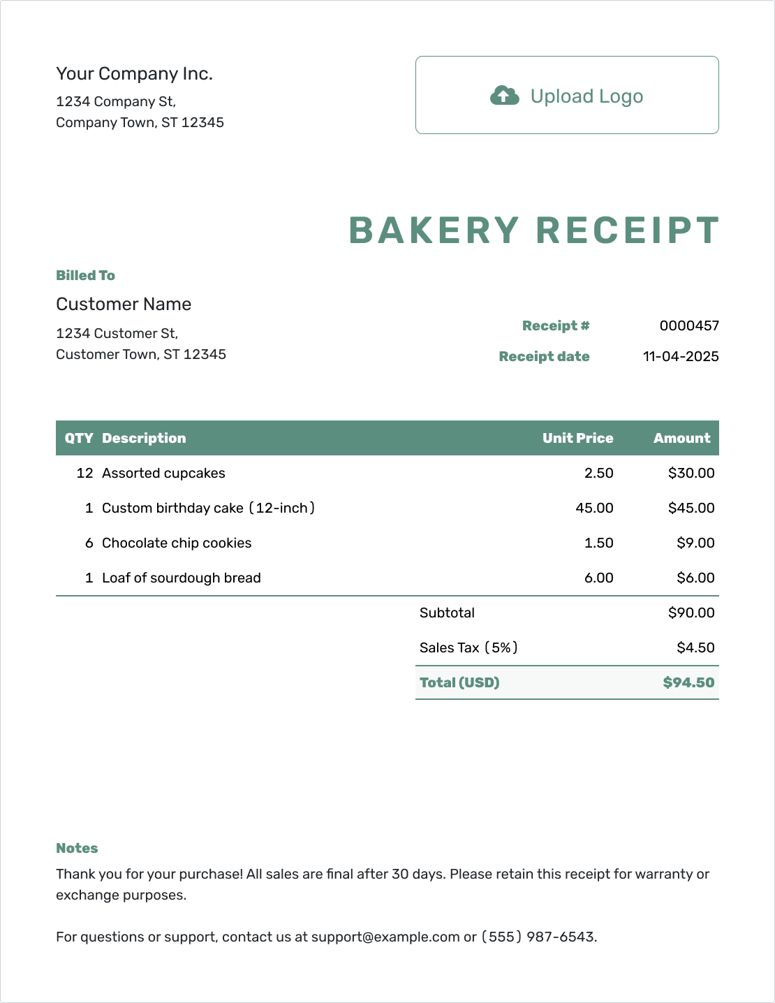 Simple Bakery Receipt Template