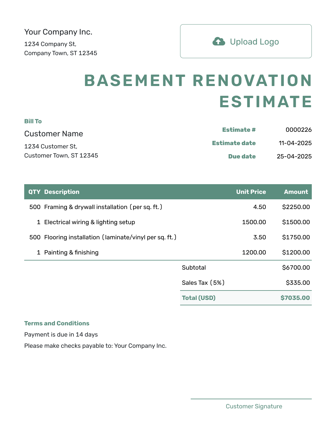 Simple Basement Renovation Estimate Template