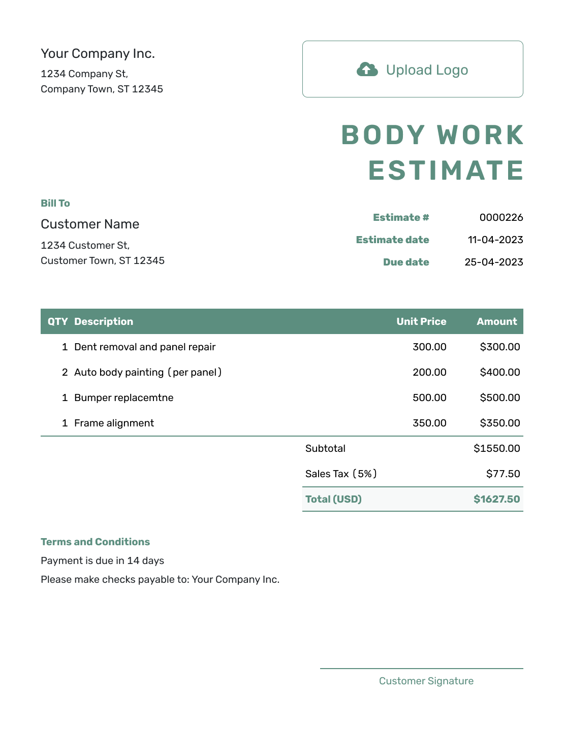 Simple Body Work Estimate Template