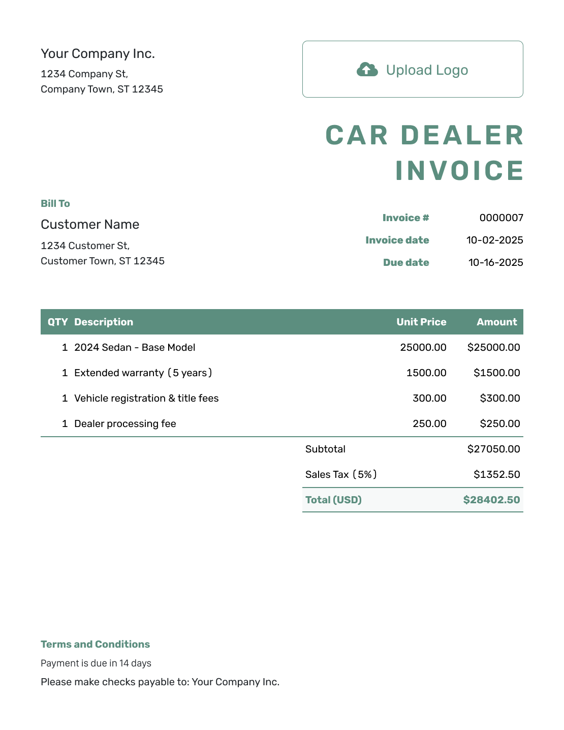 Simple Car Dealer Invoice Template