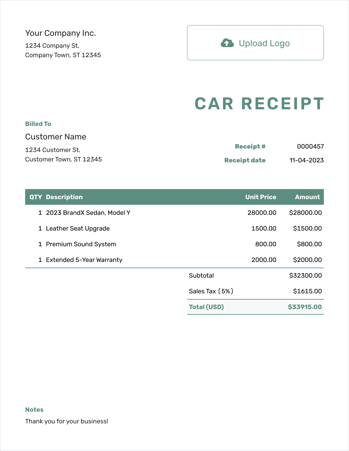 Simple Car Receipt Template