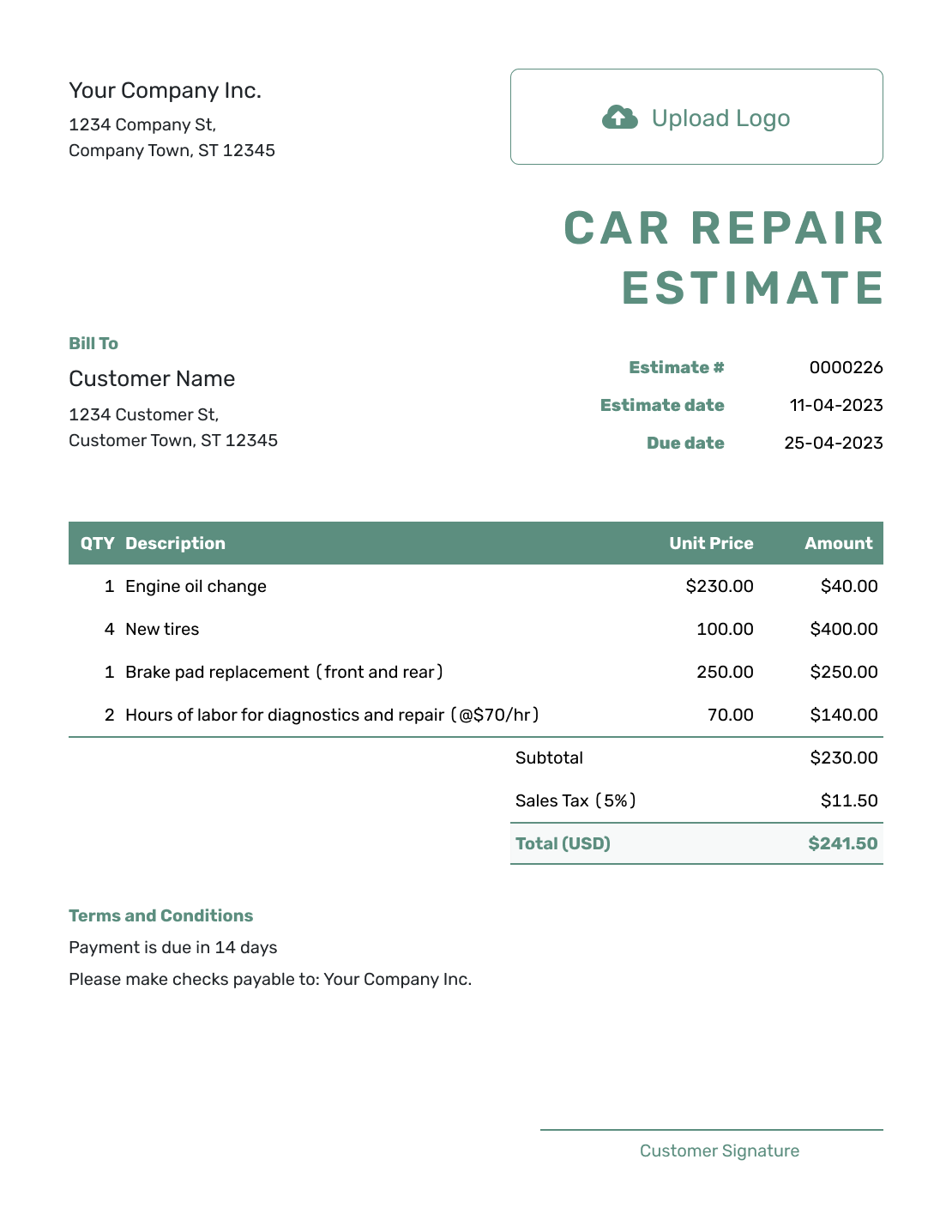 Simple Car Repair Estimate Template