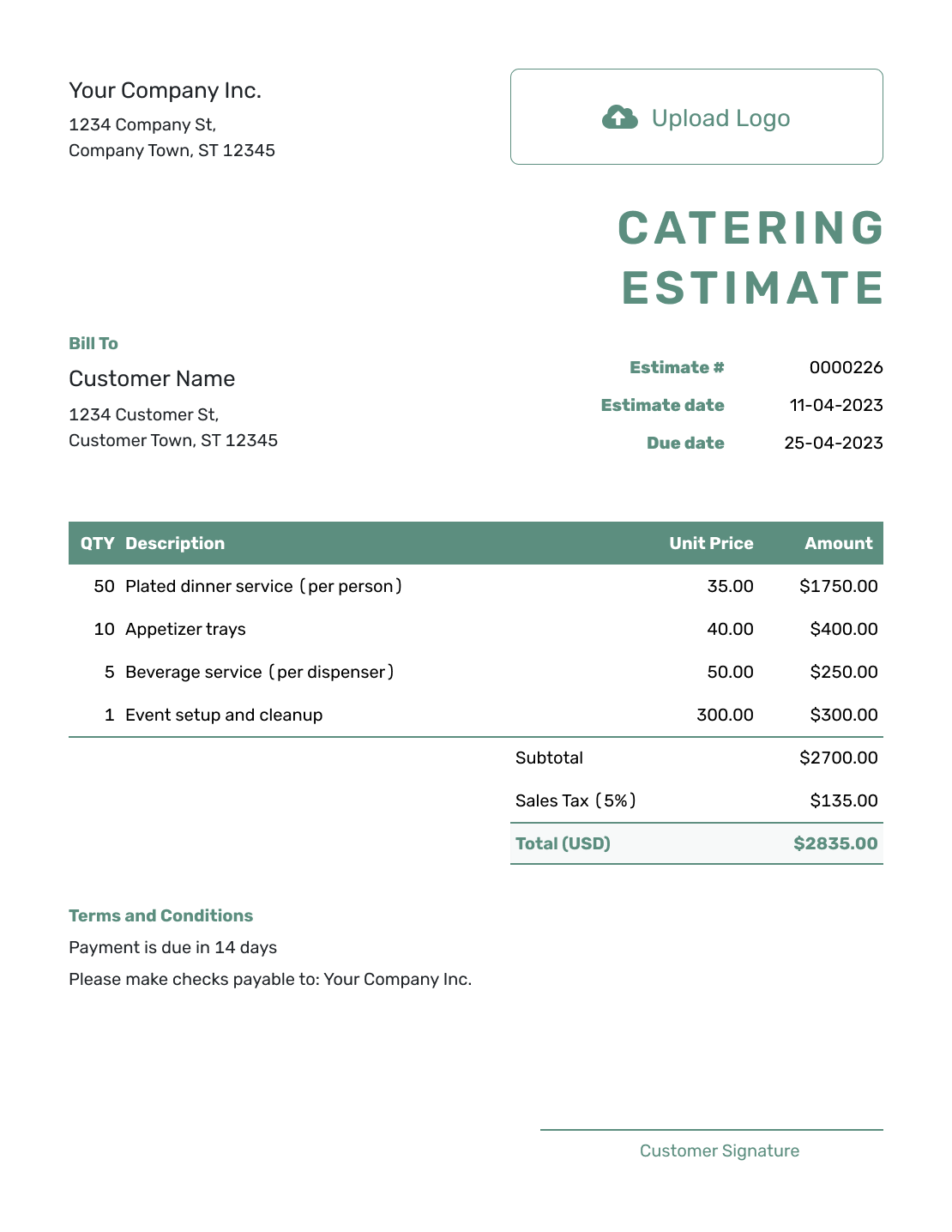 Simple Catering Estimate Template