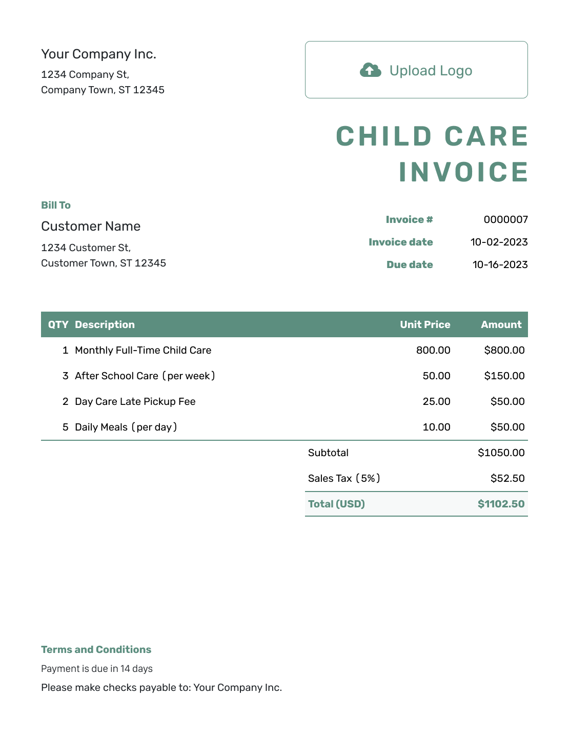 Simple Child Care Invoice Template