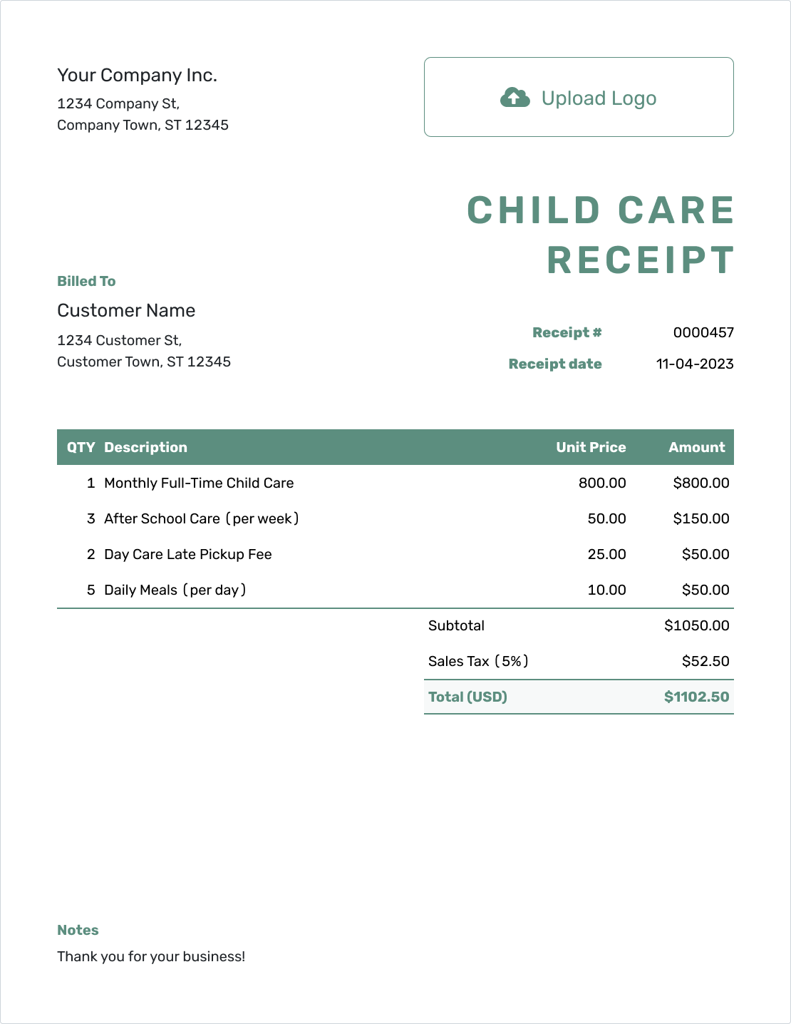 Simple Child Care Receipt Template