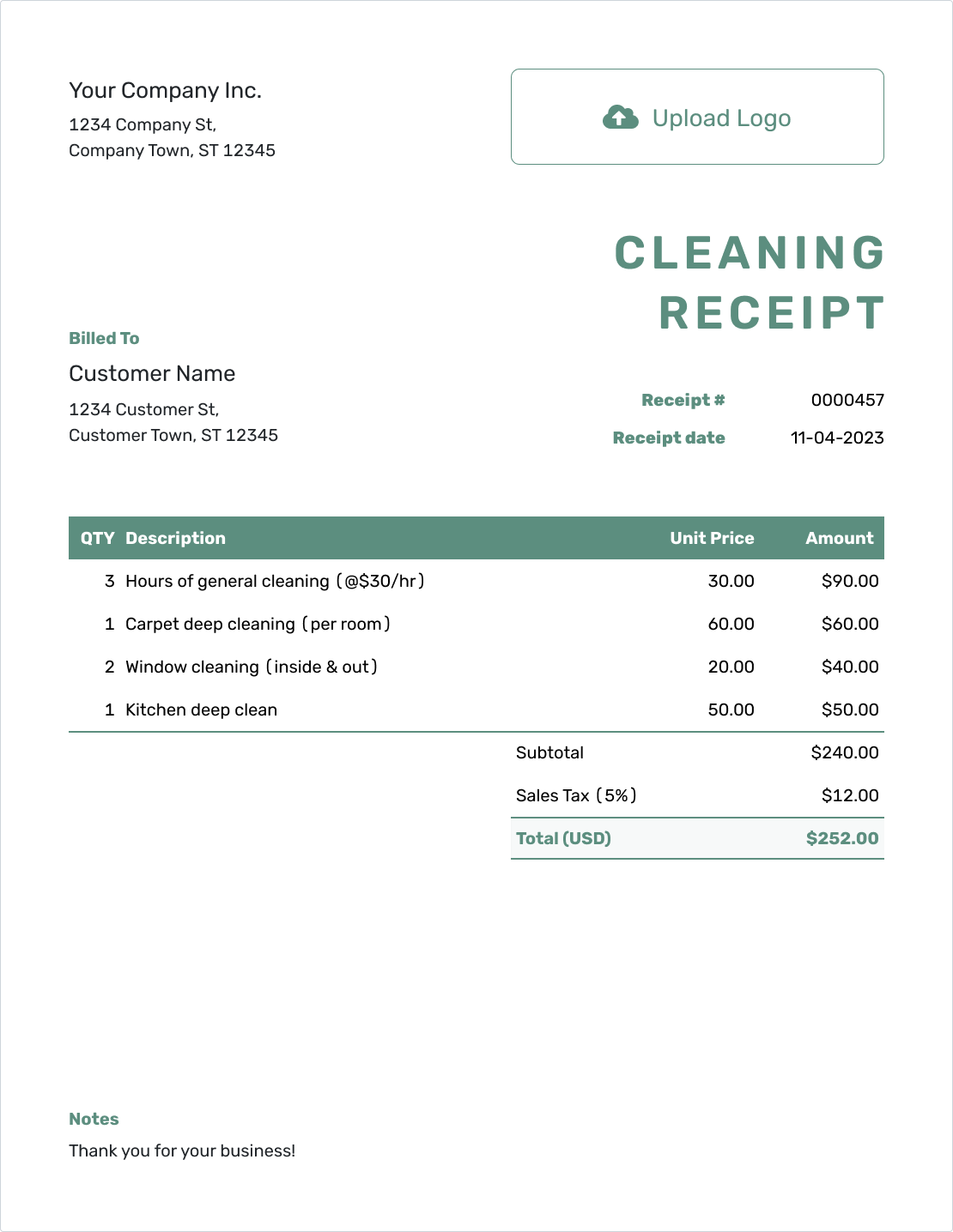 Simple Cleaning Receipt Template