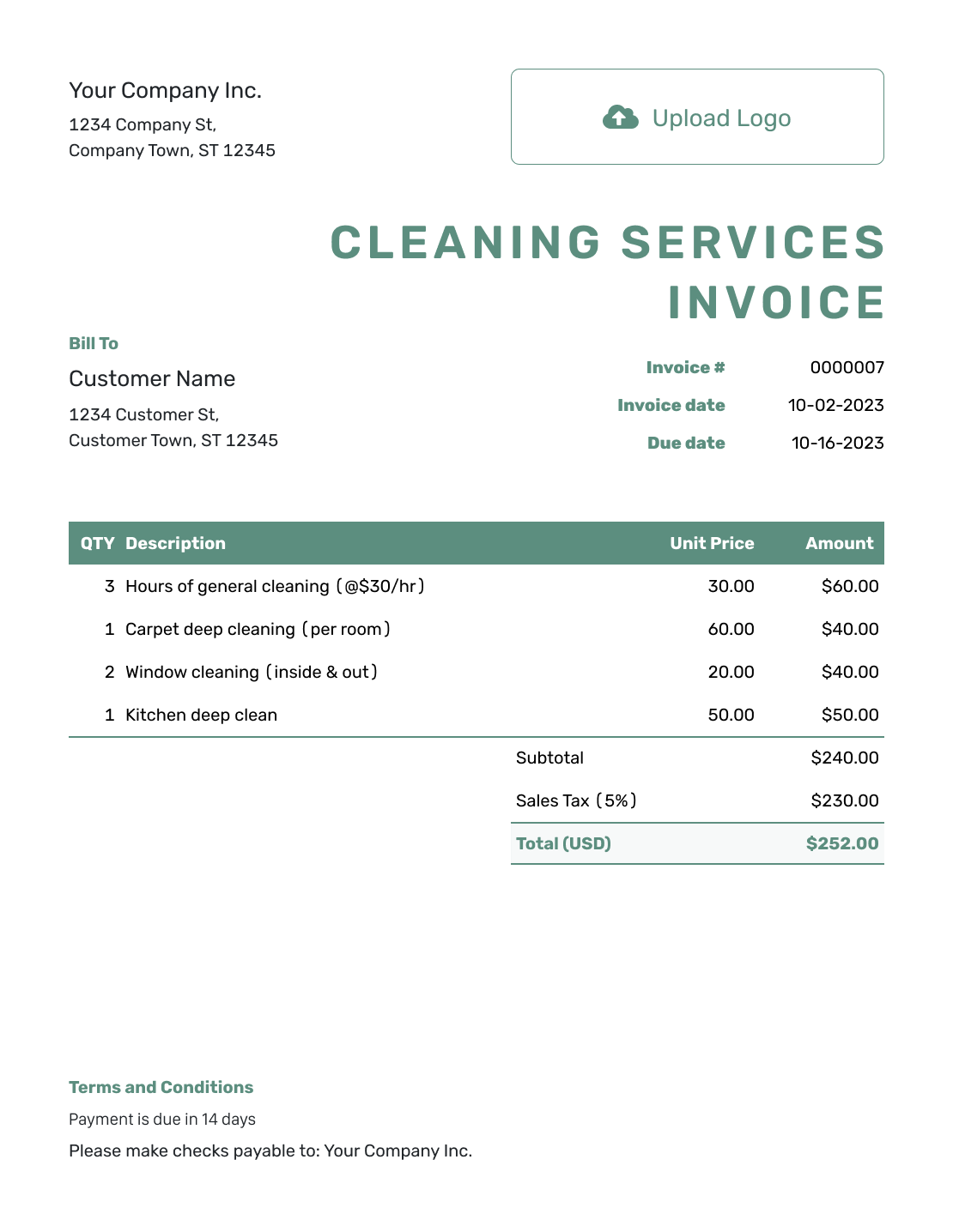 Simple Cleaning Services Invoice Template