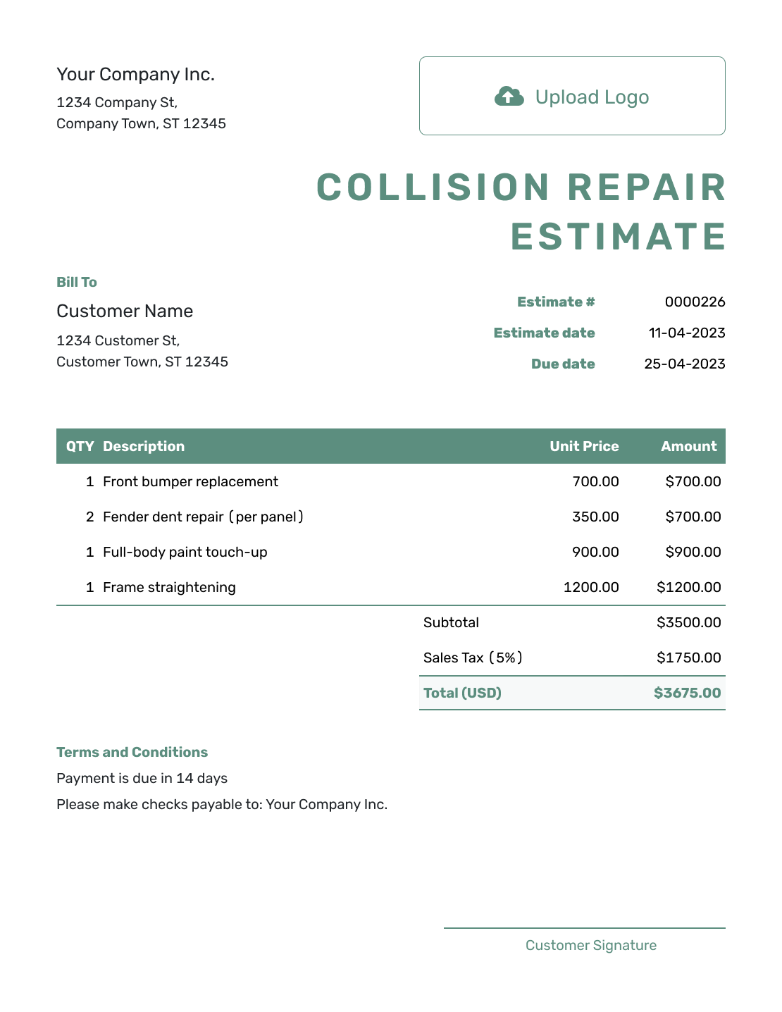 Simple Collision Repair Estimate Template