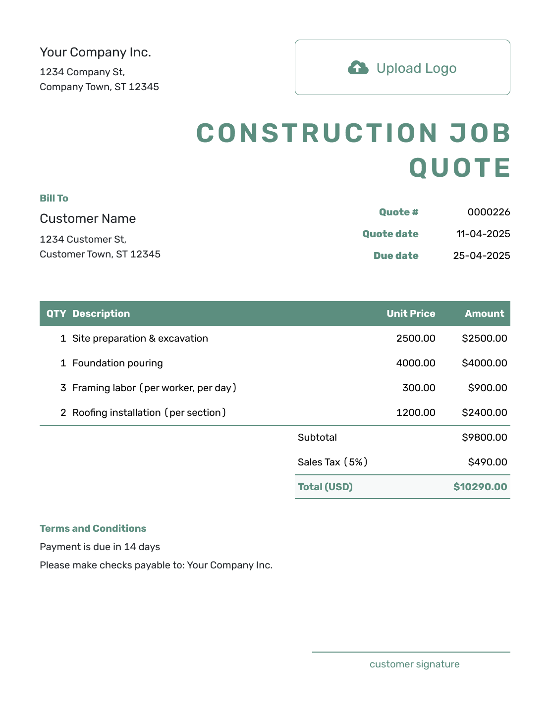 Simple Construction Job Quote Template