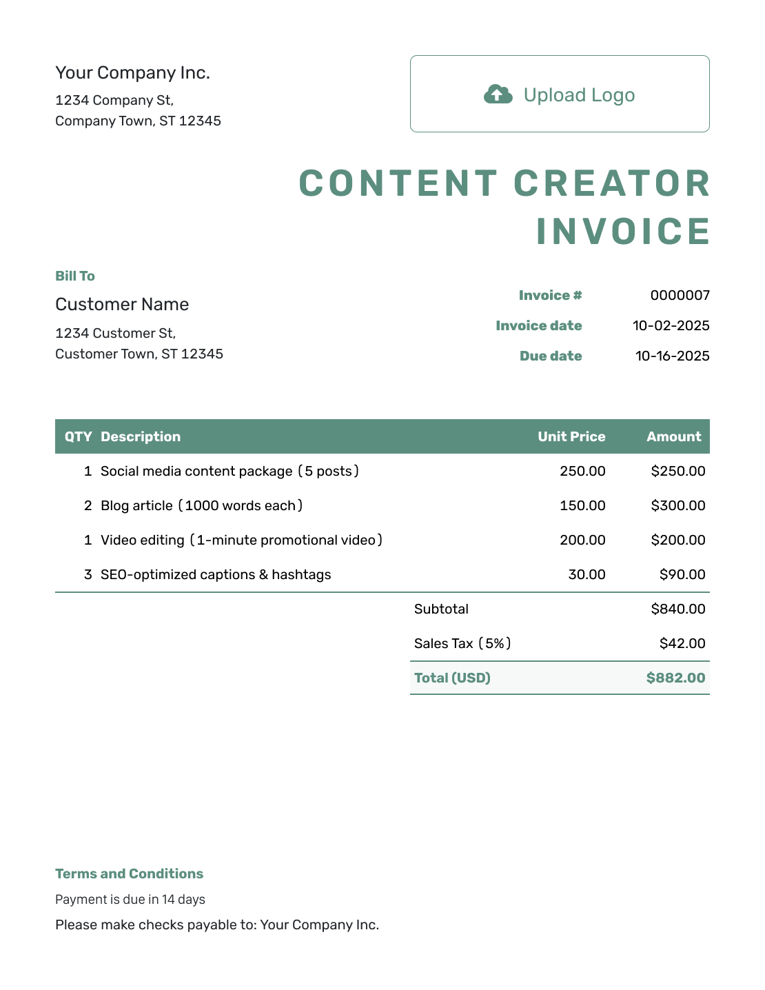 Simple Content Creator Invoice Template