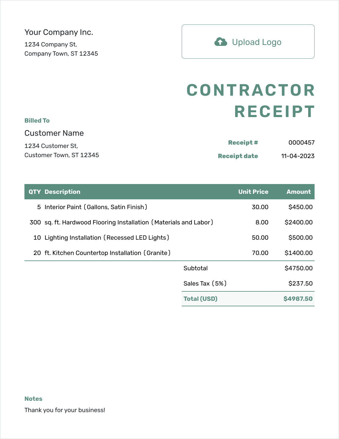 Simple Contractor Receipt Template