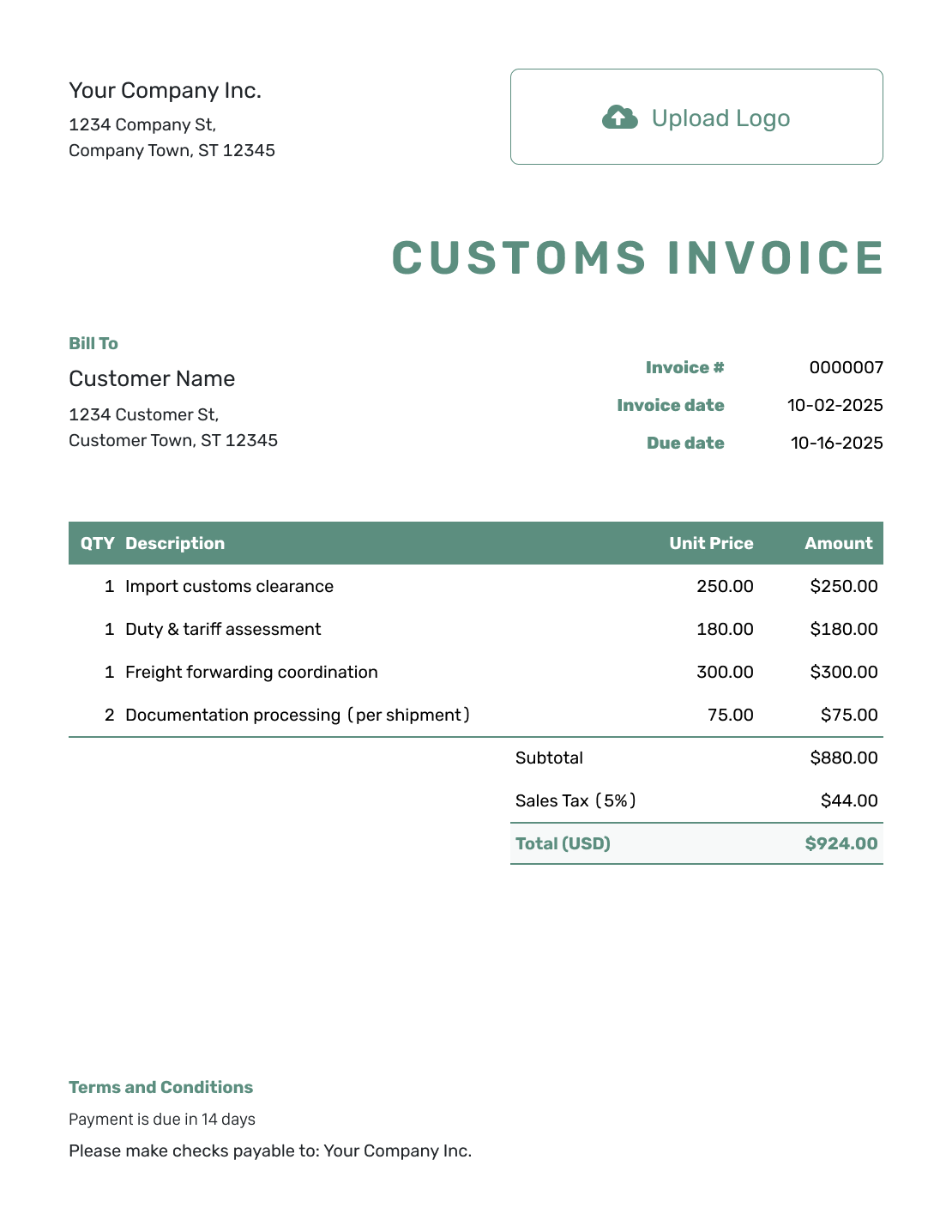 Simple Customs Invoice Template