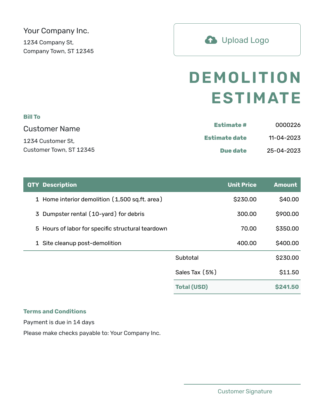 Simple Demolition Estimate Template