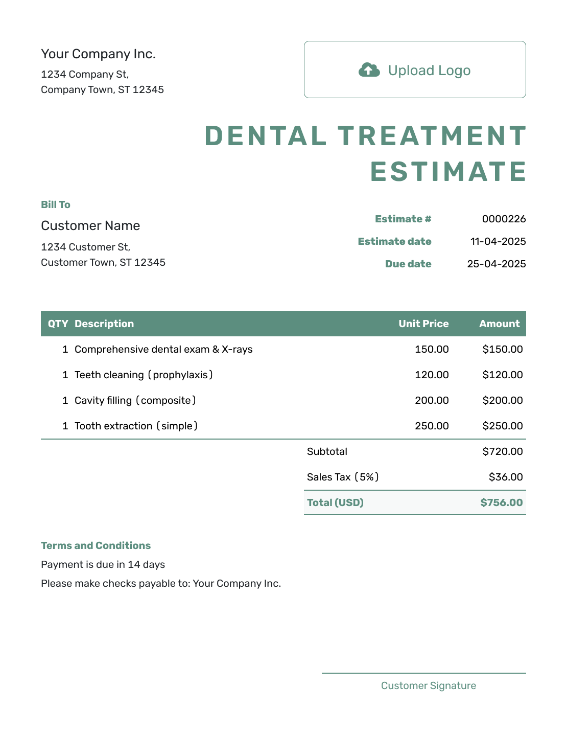 Simple Dental Treatment Estimate Template